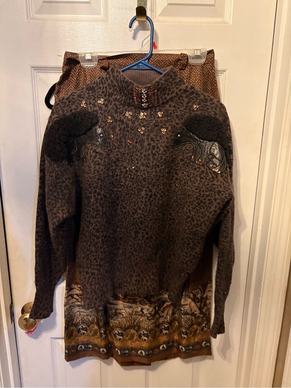 Women's Brown Embellished Animal-Print Sweater
